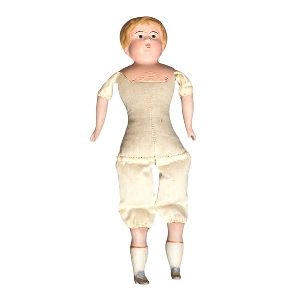 Vintage German Doll Pressed Metal Head Cloth Body Glass Hands Feet Blonde Antiqu - Picture 1 of 16